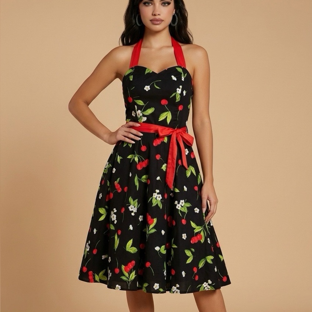 Cherry Print Black Dress sz. 10
